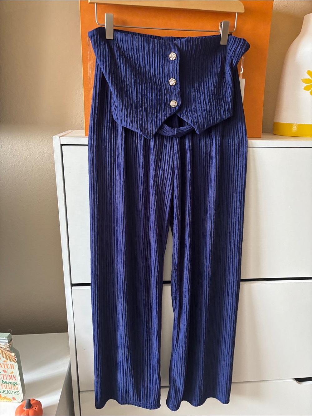 High-Waist Wide-Leg Jumpsuit in Deep Blue with Buttoned Foldover Waist